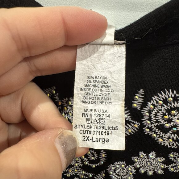 Black 2xl Cold Shoulder Top Silver Rhinestones Floral Design Boho Glam Concert - Picture 5 of 6